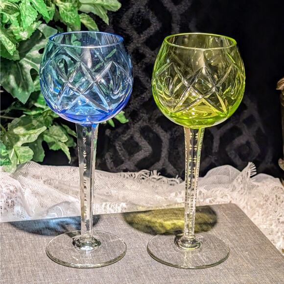 Blue & Green Vintage Bohemian Crystal Cut to Clear Unique Stem Wine Glass Pair - Picture 1 of 8